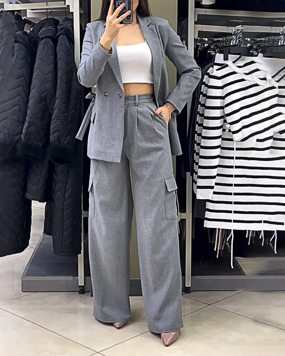 Women's Fashionable Solid Color Strappy Blazer & Cargo Pants