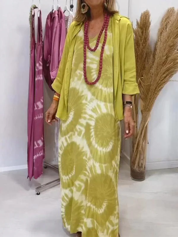 Women's Casual V-neck Sleeveless Dress with Cardigan Two-piece Suit